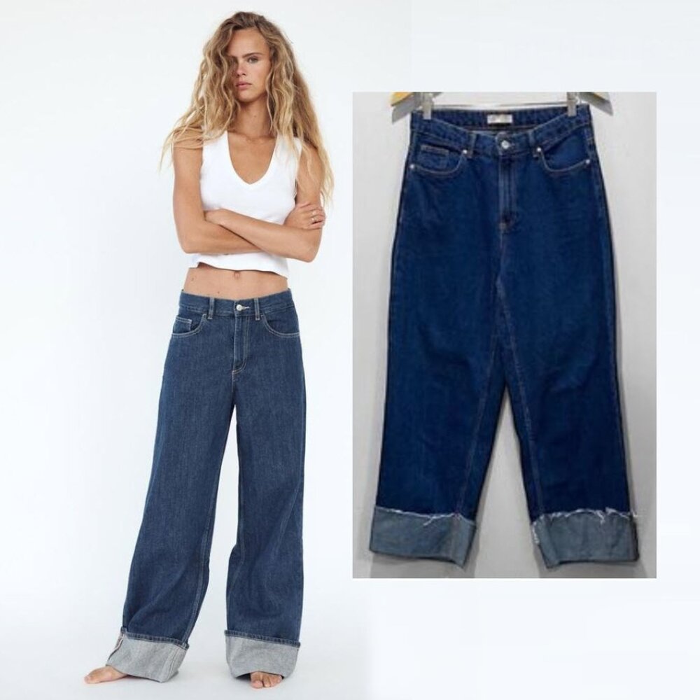 Zara Wide Leg Jeans With flip hem Blue Size 8